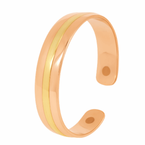 Poliertes Kupferarmband mit goldfarbenem Messingstreifen und zwei Neodym-Magneten an den Enden.
